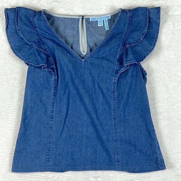 Draper James Tops - Draper James Denim Shirt Womens 4 Blue Ruffle Preppy Resort Vacation Country